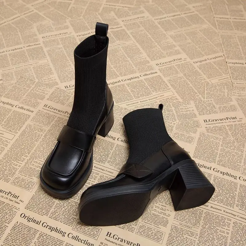 

Women's Chunky Heel Boots 2025 Autumn Winter Stretch Knit Sock Shoes Fashion and Comfortable Black Square Toe Loafers