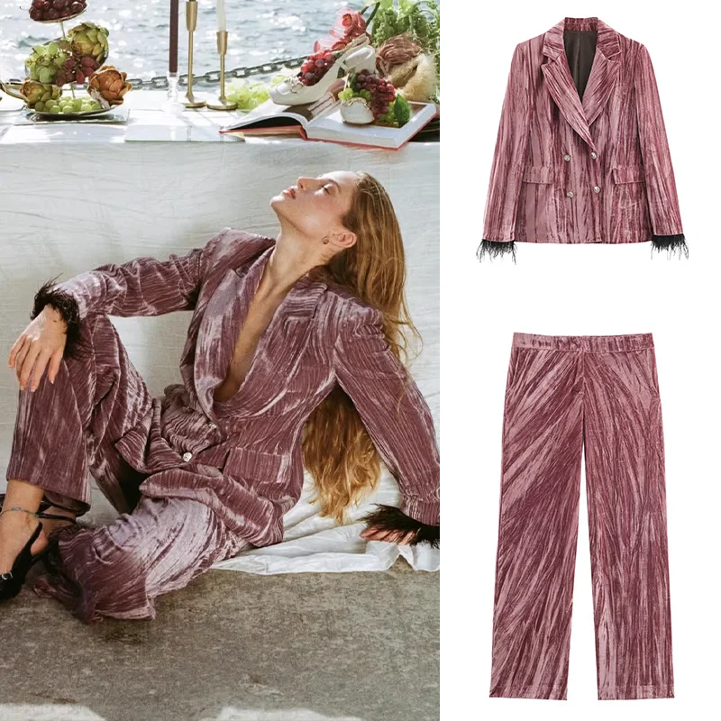 

2026 Новый женский розовый пиджак, брюки, комплект с длинными рукавами и перьями, дизайнерский костюм + прямые брюки для поездок на работу, модный уличный бархатный материал