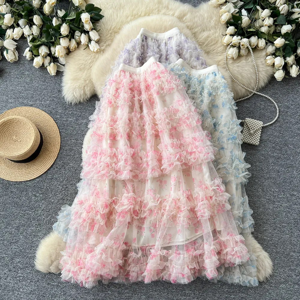Cake Skirts Women Long Skirt A Line Elastic Waist Slim Fit Floral Sweet Elegant Splice Y2k Streetwear Casual Work 2026 Spring