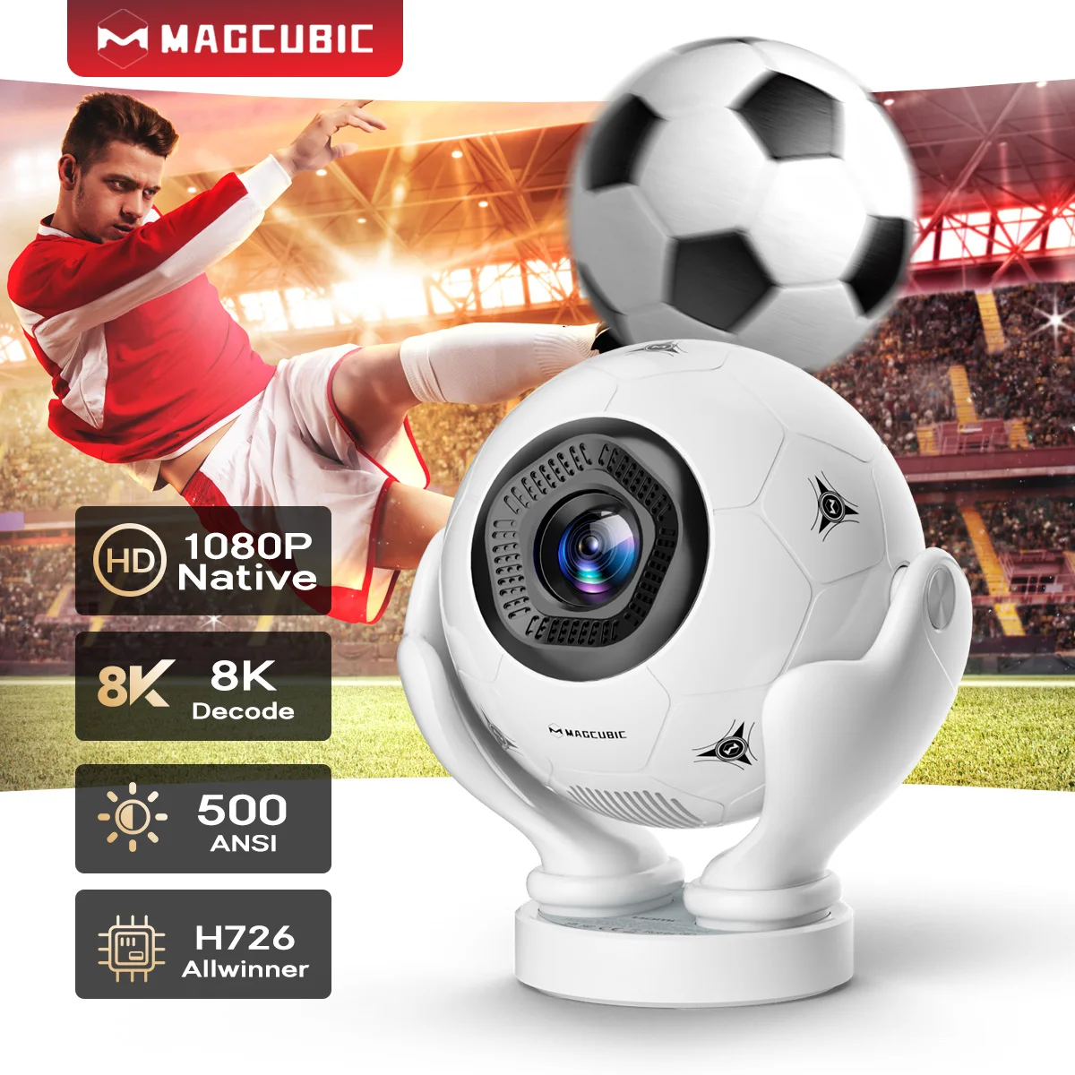 Magcubic HY320F 8K Projektor 500ANSI Wifi6 BT5.4 Sprachsteuerung Android 14 Heimkino Kreativer Fußball-Stil Filmprojektor