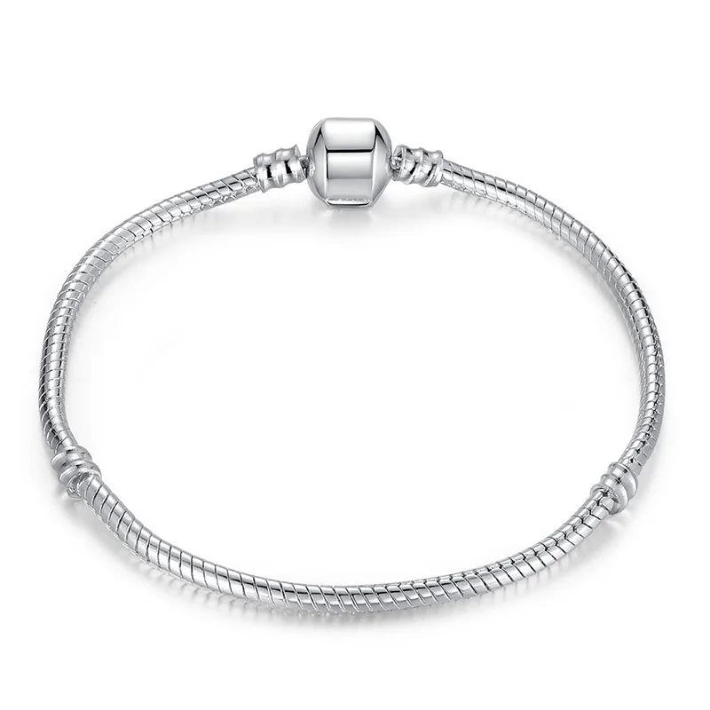 10Pcs /Lot Silver Plated Round Snap Clasp Snake Chain Charm Bracelets For European Beads Jewelry DIY P01