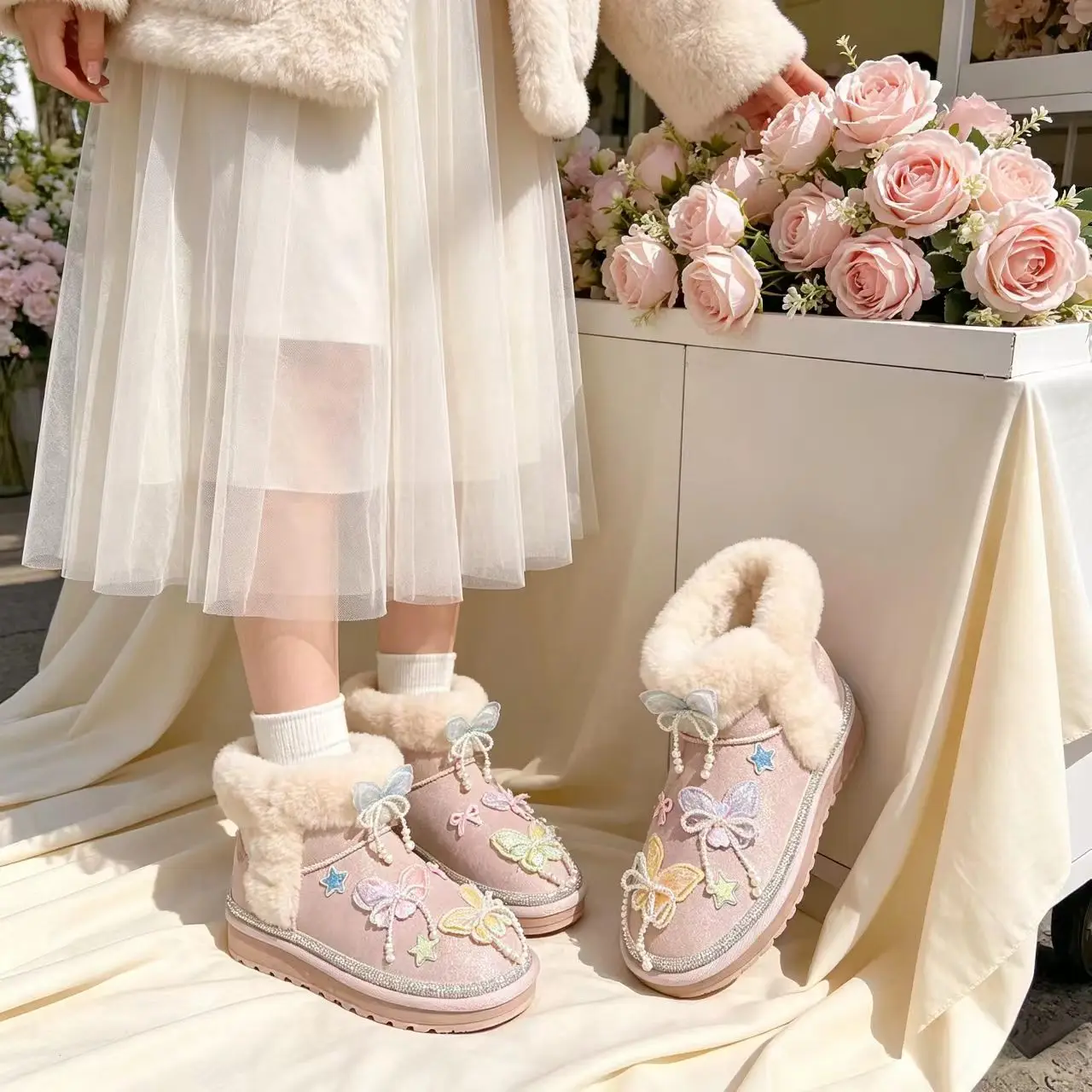 Pink beaded fringed pearl snow boots, custom-made with leather and fur, stylish and feminine women's cotton shoes, size 35-40