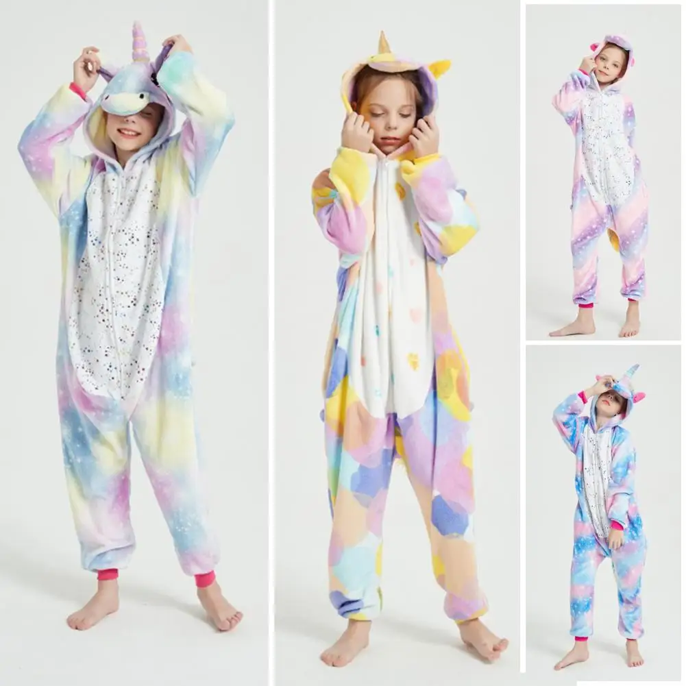 Cartoon Style Onesie Pajamas Kids Flannel Lounge Jumpsuit with Exclusive Hat Bright Colored Pajamas for Wear Long Sleeve Starry