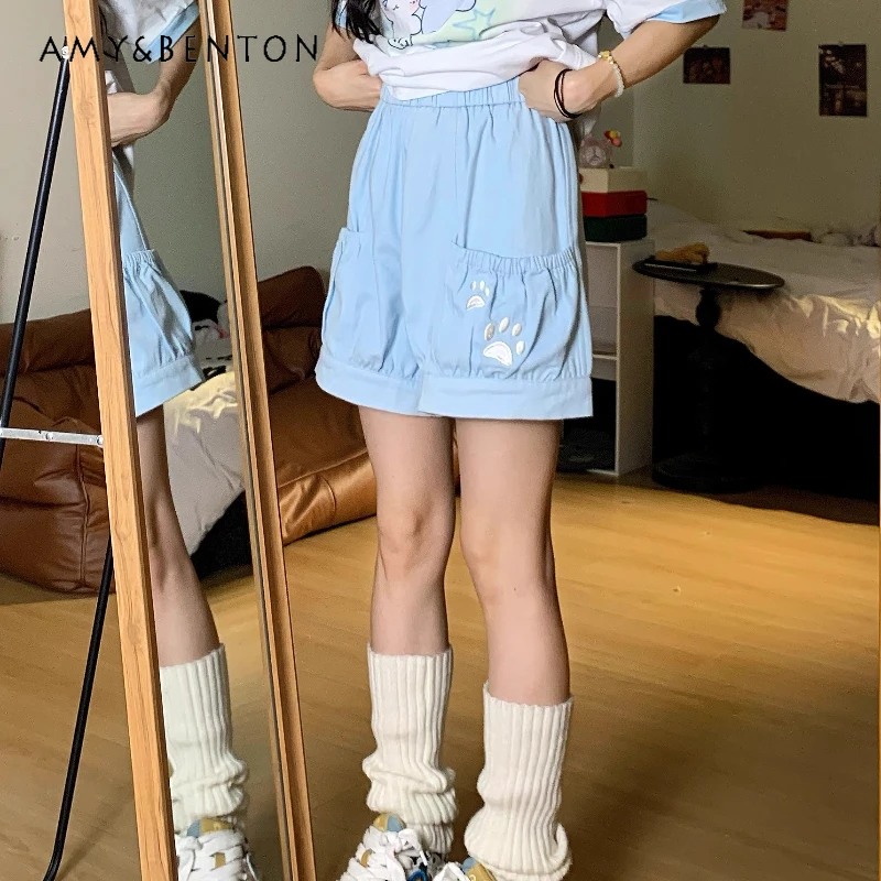 

Japanese Design Embroidered Elastic Waist Women's Shorts 2025 Summer New Large Pocket Casual Versatile Cute Pumpkin Pants Ladies