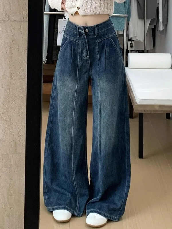 American Retro High Waist Wide Leg Denim Jeans Women's Small Size Loose Slimming Concealing Straight Floor-Length Pants