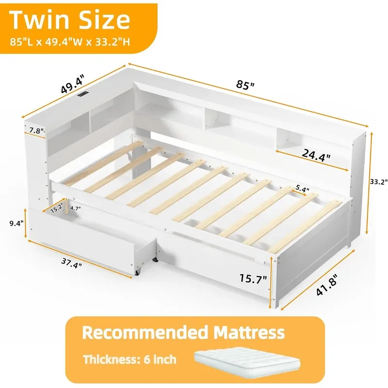 Twin Corner Bed Frame with Storage Solid Wood Platform Daybed Twin Size with Drawers Bookcase Charging Station LED Lights f