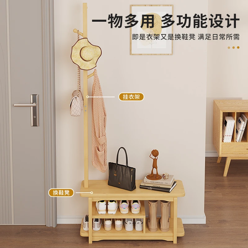 Bamboo Entryway Bench with Hooks Sturdy Shoe Storage Seat Multi-Functional Coat Rack And Shoe Organizer for Hallway 2
