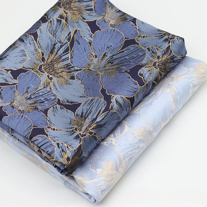 

New Chinese Style Jacquard Fabric High Precision Blue Gold Woven Dress Suit Apparel Bags Material Luxury Bridal Wedding Design