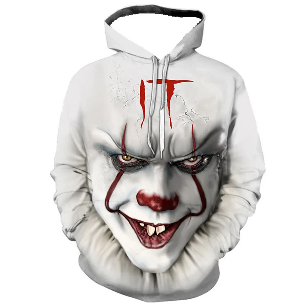 Moletom de palhaço de terror masculino, moletons com capuz, manga comprida, impresso em 3D, rua do terror, hip hop, outono, inverno, moda