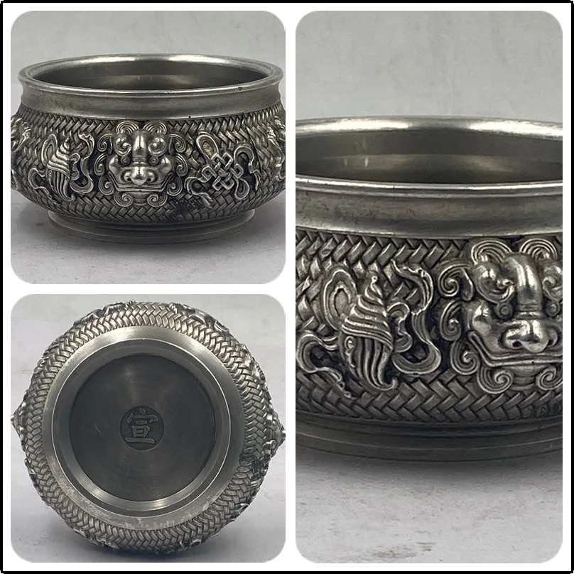 

Bronze ware, pure copper silver-plated relief auspicious eight treasures lion ear incense burner crafts for Buddha ornaments