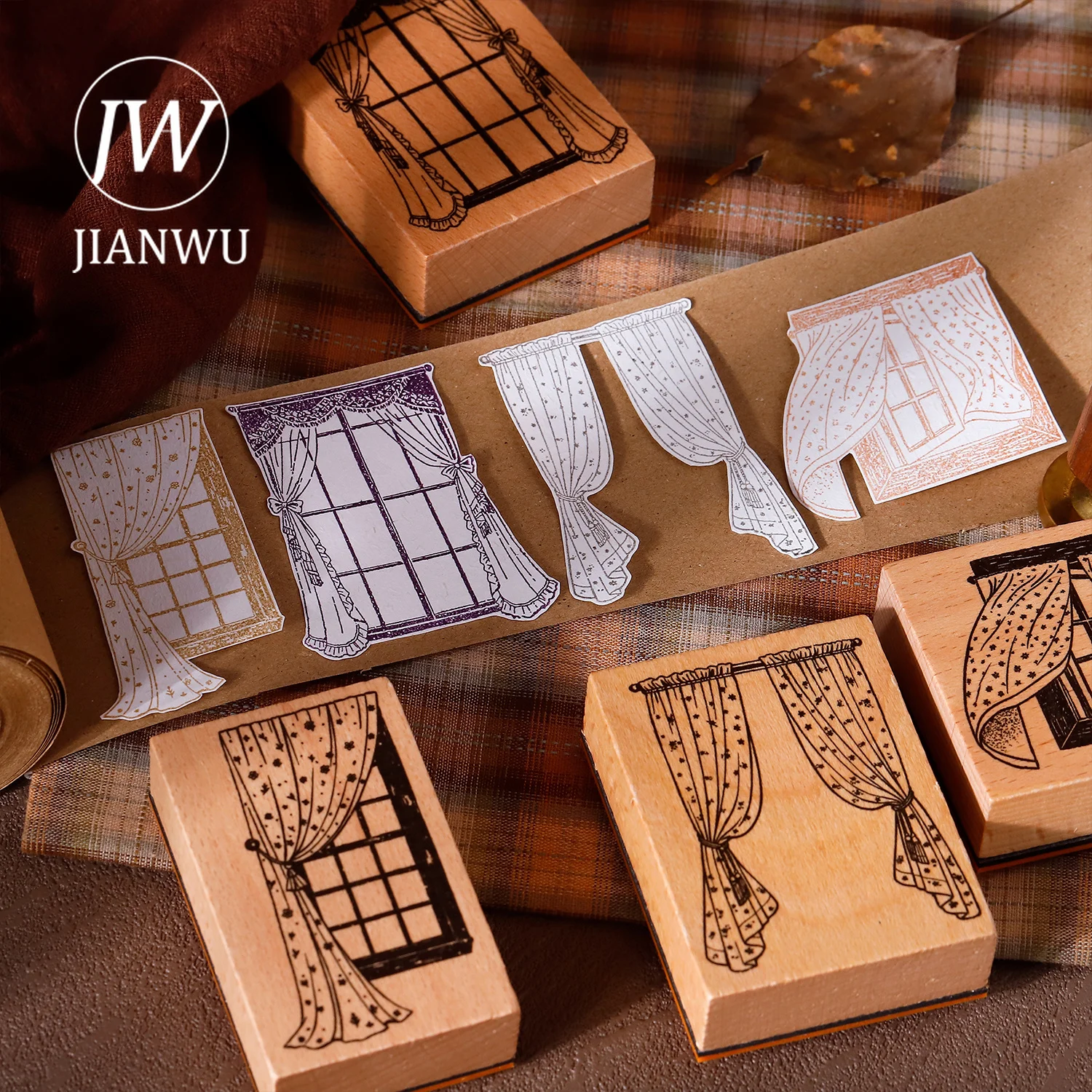 JIANWU Vintage Lace Flower Window Curtains Landscape Material Collage Wooden Stamp Creative Journal Student Supplies Stationery