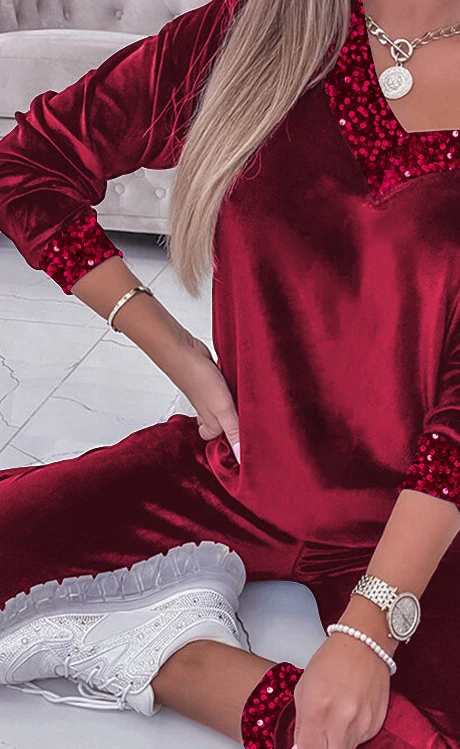 여성 2피스 의류 세트 벨벳 스티칭 스팽글 V넥 긴팔 루즈핏 탑 스웨트셔츠 & 슬림 하이웨이스트 팬츠 레깅스