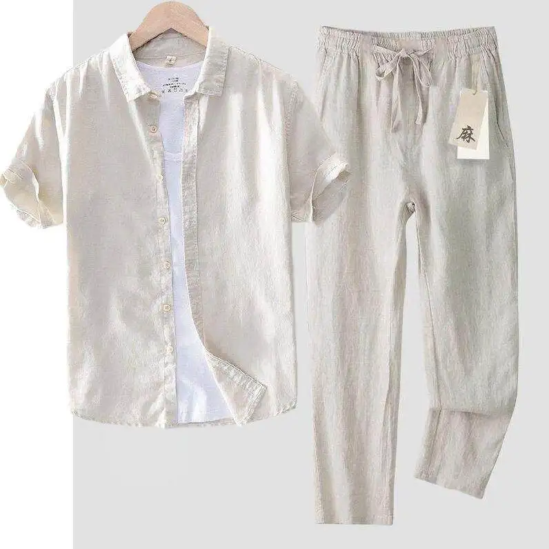 Camiseta Holgada de Algodón y Lino para Hombre, Pantalones Blancos, Manga Corta, Transpirable, Informal, Talla Grande, para V...