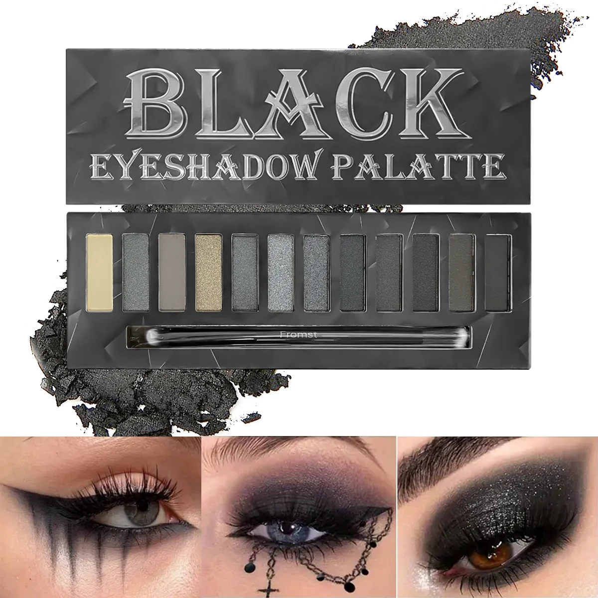 12 Colors Black Eyeshadow Palette, Glitter Brown Neutral Dark Smokey Eyeshadow Palettes For Halloween Gothic Punk Style Makeup