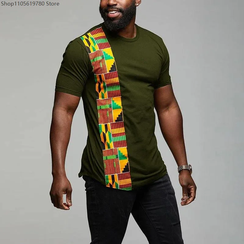 Mens African Kente Print Short Sleeve T‑Shirt Ankara Style Patchwork Color O‑neck Top Cosplay Outfit Stage Carnival Costume