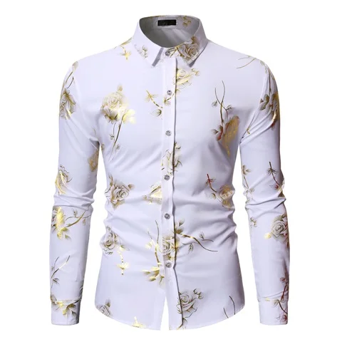 Mens Gold Rose Floral Print Shirts Brand Floral Steampunk Chemise White Long Sleeve Wedding Party Bronzing Camisa Masculina New