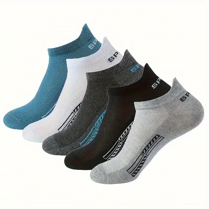 5 Pairs Unisex Athletic Ankle Socks,  Low-Cut with Alphabet Pattern, Moisture-Wicking, Cushioned Sole, Multi-Color Pack