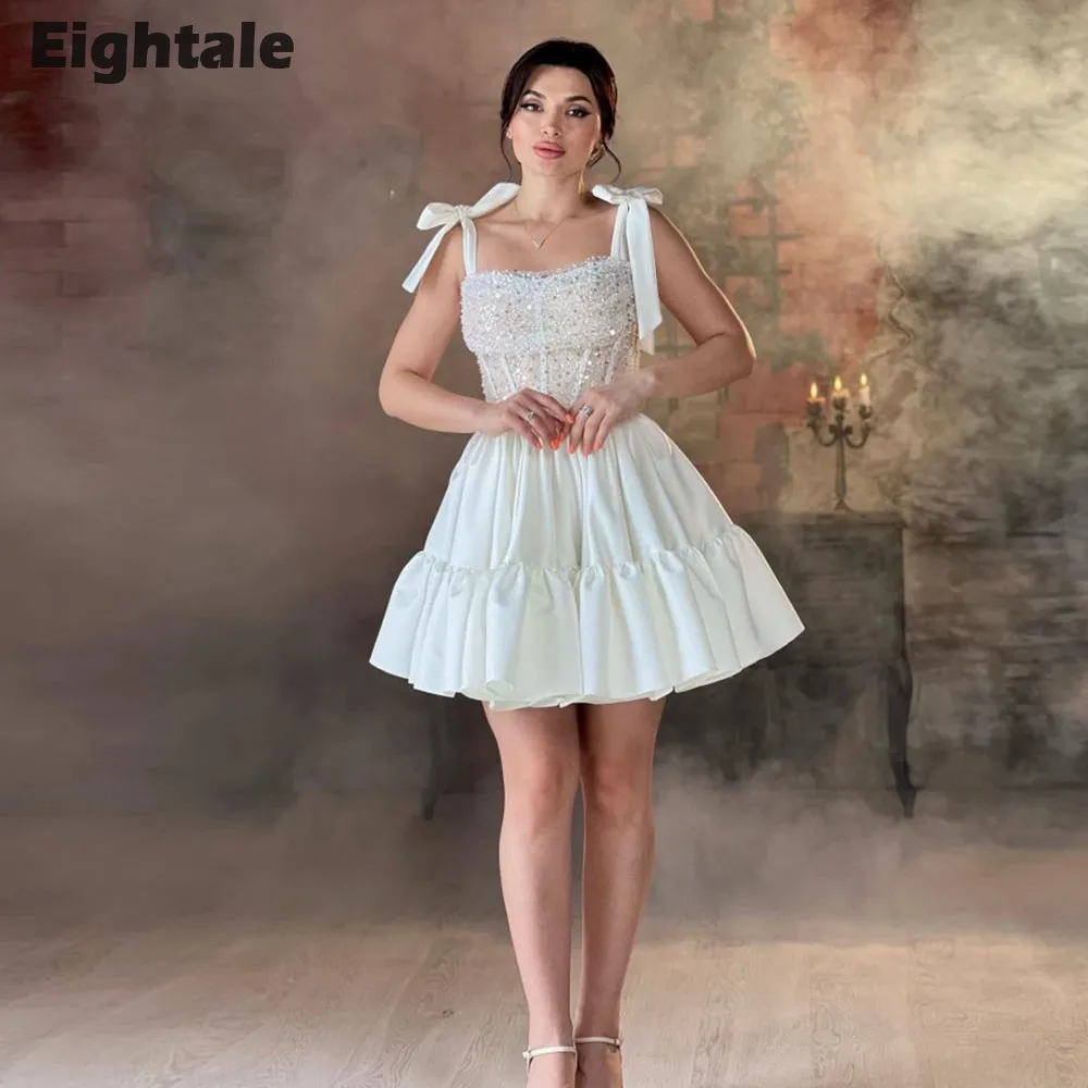 

Eightale Vintage Prom Dresses Satin Short Spaghetti Strap Sequin Evening Gown for Wedding Arabic Celebrity Party robe de soirée