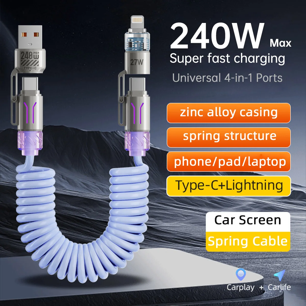 240W 4 in 1 RGB Spring USB C to C Cable PD Fast Charger Line 1.8M for iPhone 16 Pro Max 15 iPad Xiaomi Samsung Tablet