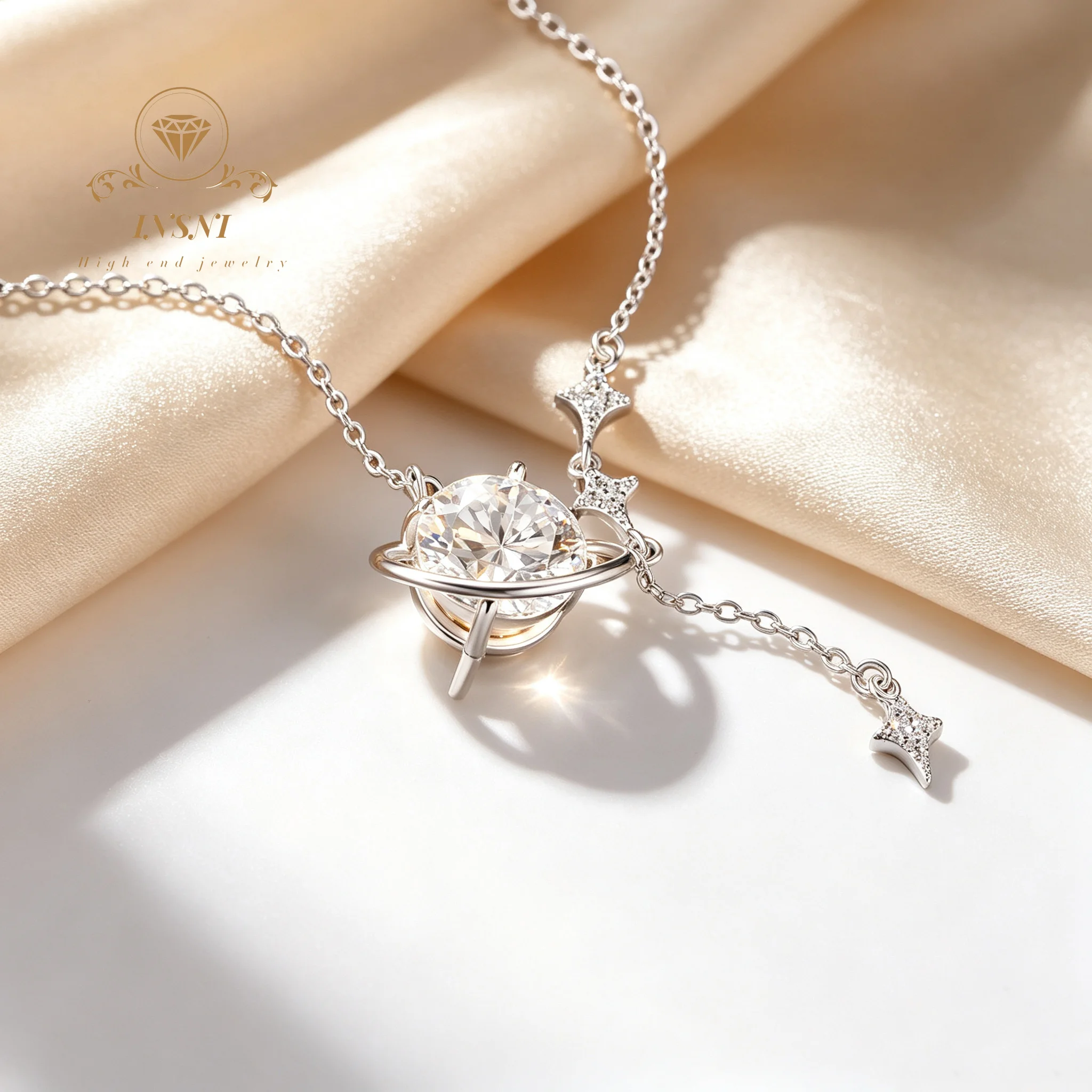 S925 Sterling Silver Planet Track Necklace 3 Carat Moissanite Light Luxury Niche Saturn Collarbone Chain Quadrangle Pendant