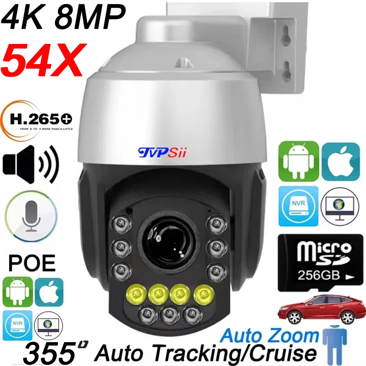 Full Color Infrared Auto Tracking Cruise 8MP 4K 54X Optical Zoom Rotation Audio ONVIF POE PTZ IP Surveillance Speed Doom Camera