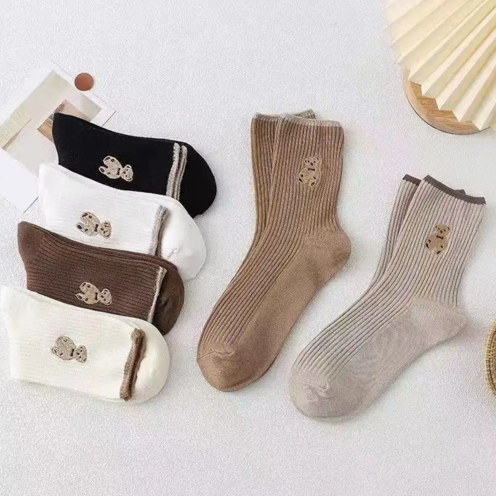

10Pairs Ins Cartoon Tube Socks Women Breathable Harajuku Cute Bear Socks Stripe Hosiery Mid-Calf Socks Women