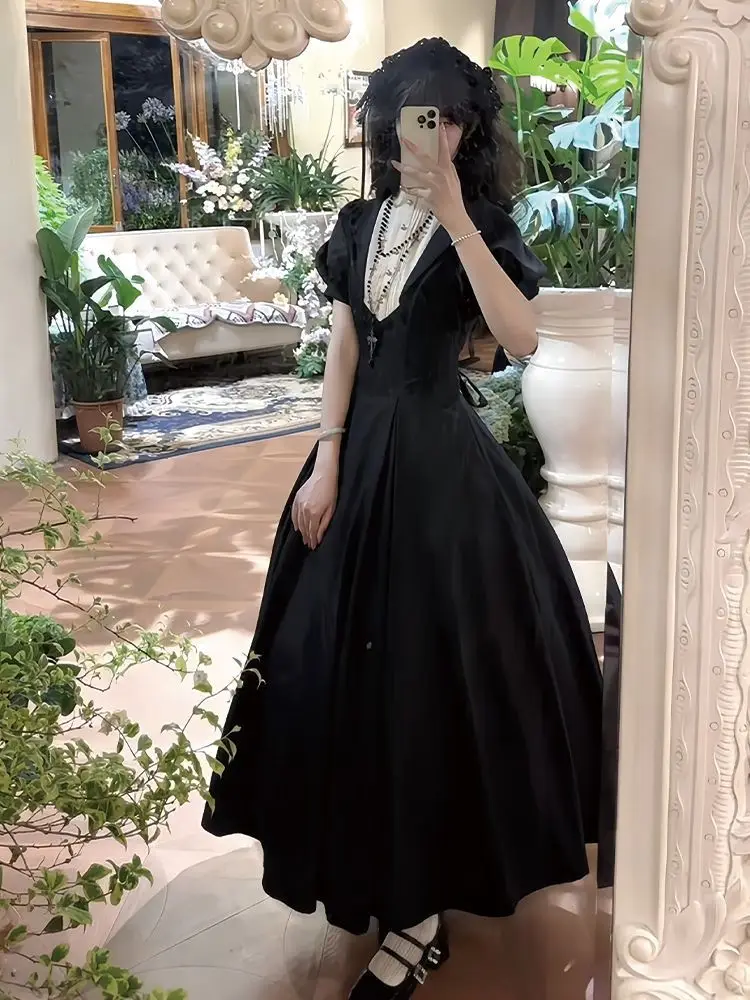 

Черное готическое платье миди, женская японская одежда в стиле Харадзюку, вечернее платье с короткими рукавами, винтажная одежда 2000-х годов