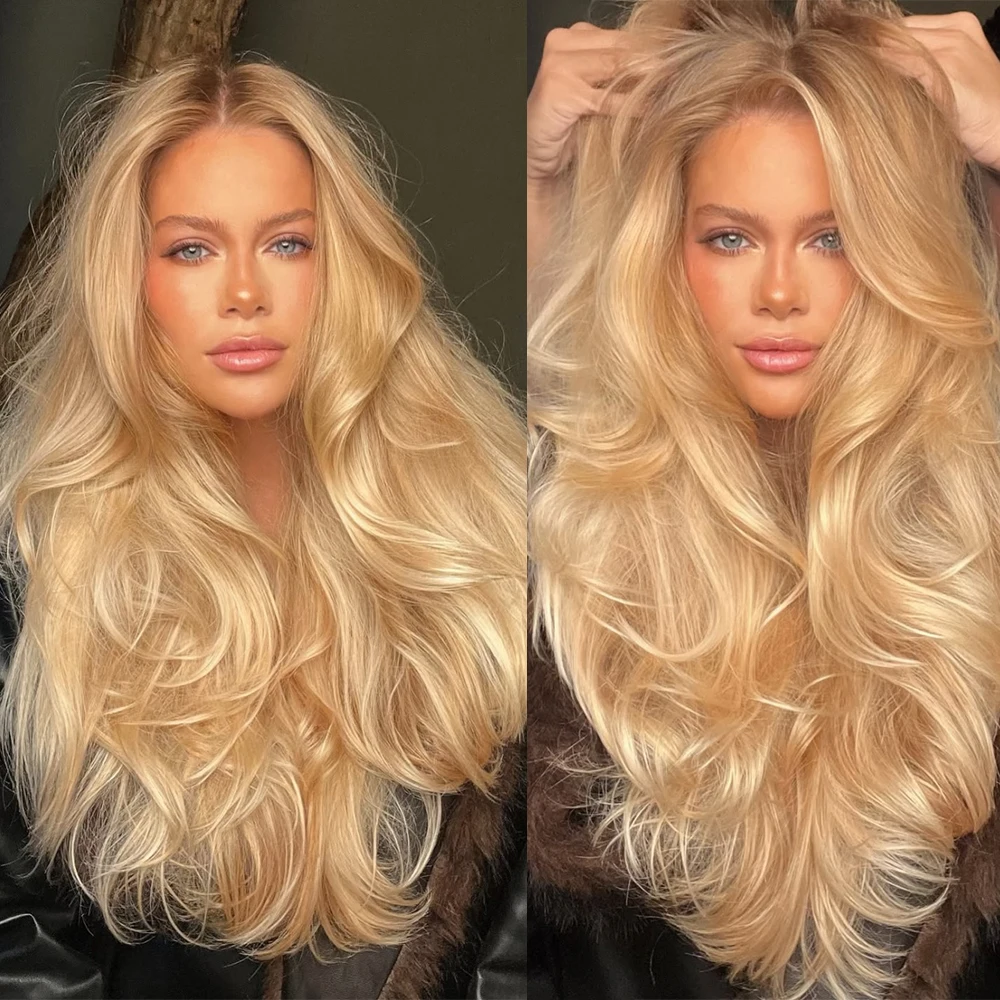 Long Curly Wave Golden Blonde Highlighted Wig 13x4 Lace Front Wig Synthetic Hair with Dark Roots for Women Party Daily Cosplay