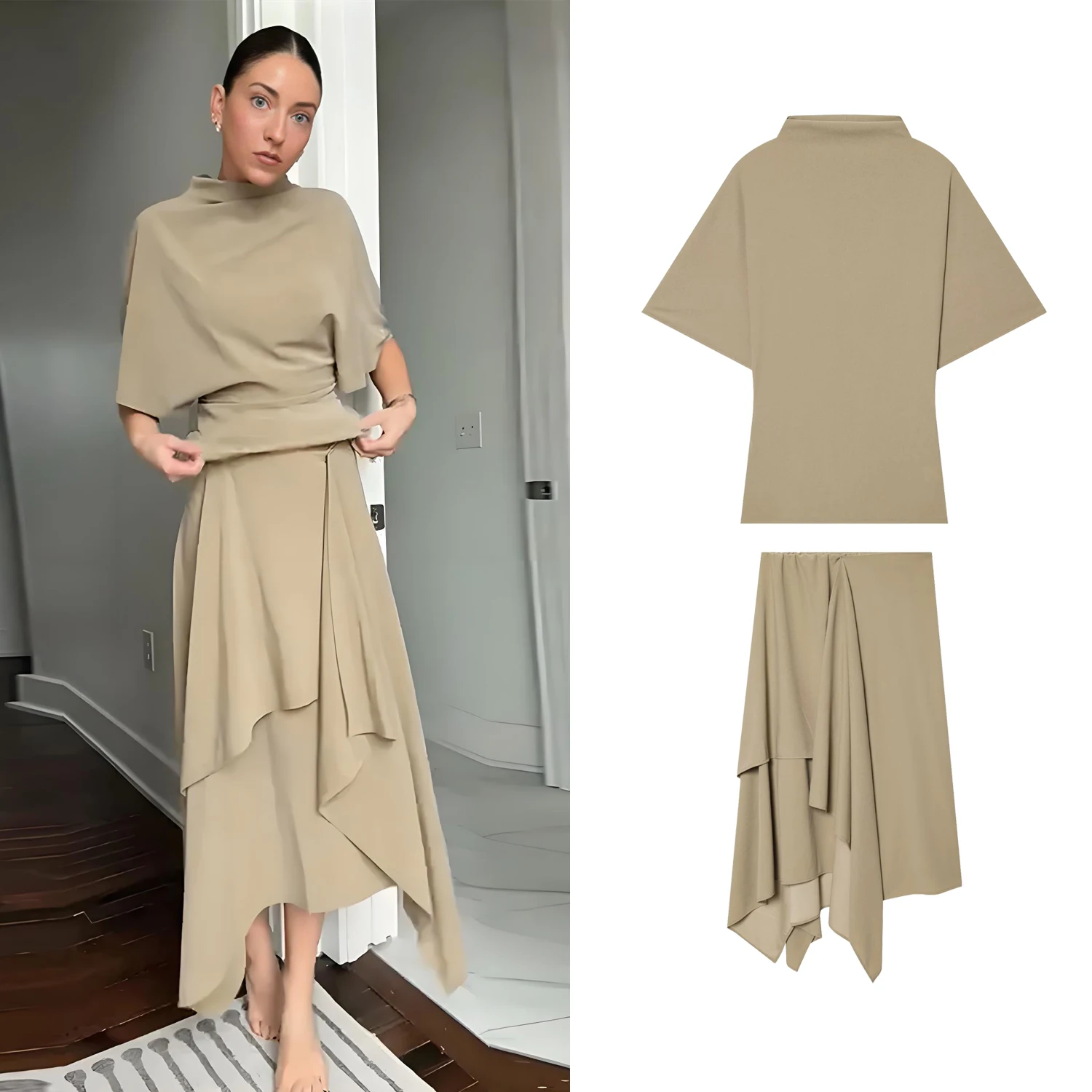 

Women Irregular Hem Skirt Sets Summer New Female Half Sleeve High Collar Slim Tops And Loose Long Skirts Lady Casual Chic Outfit