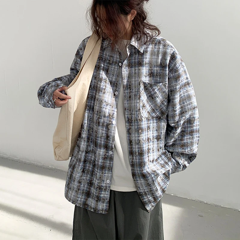 TFETTERS Brand 2024 New Plaid Shirts Male Baggy Half Sleeve American Spring Autumn Shirt Male Fashion Korean Streetwear Blouse