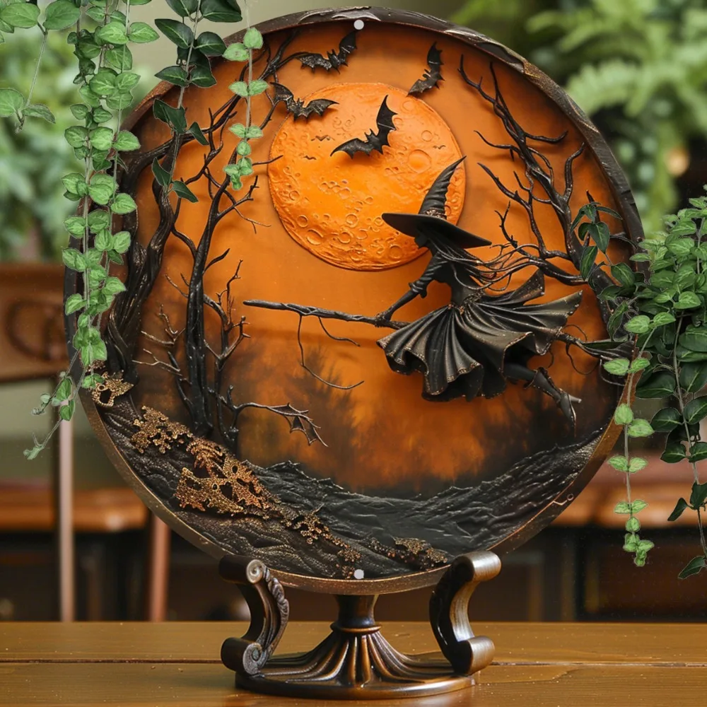 

Halloween Witch on Broom Wall Art - Round Aluminum Sign with Spooky Moonlit Scene, Home, Office & Party Decor, Halloween Decor