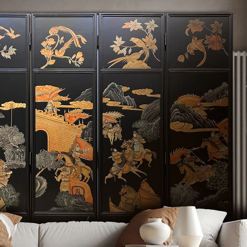 Lacquer painting French Chinese style medieval screen, living room partition solid wood folding screen