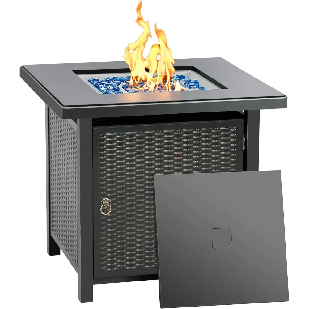 28 Inch Propane Fire Pit Table, Rattan & Wicker-Look 50,000 BTU Gas Firepits with Blue Fire Glass for Outside Patio and Garden