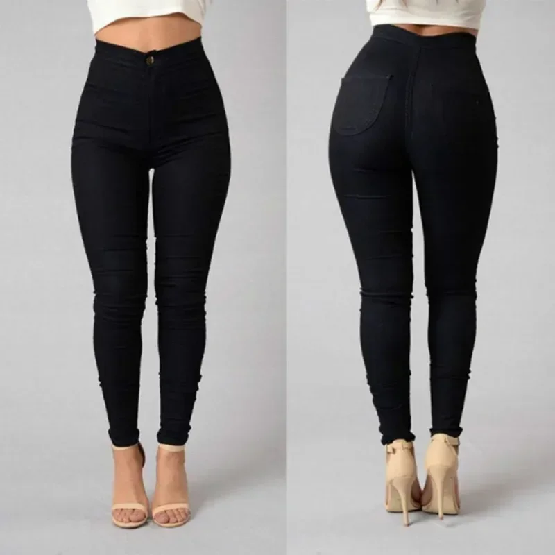 Cor sólida calças de brim magros mulher branco preto cintura alta render jeans vintage sexy calças compridas femme casual lápis calças jeans