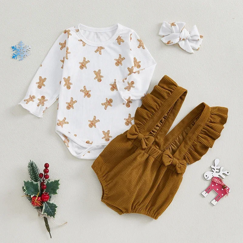 Christmas Baby Girls Clothes Gingerbread Print Long Sleeves Romper and Overalls Shorts Cute Headband Set Fashion Outfits