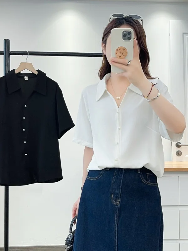 Slimming Effect Short Sleeve Button up Basic Style Collared Shirt for Women Summer Design Loose Fit Polyester Fiber Casual Wear