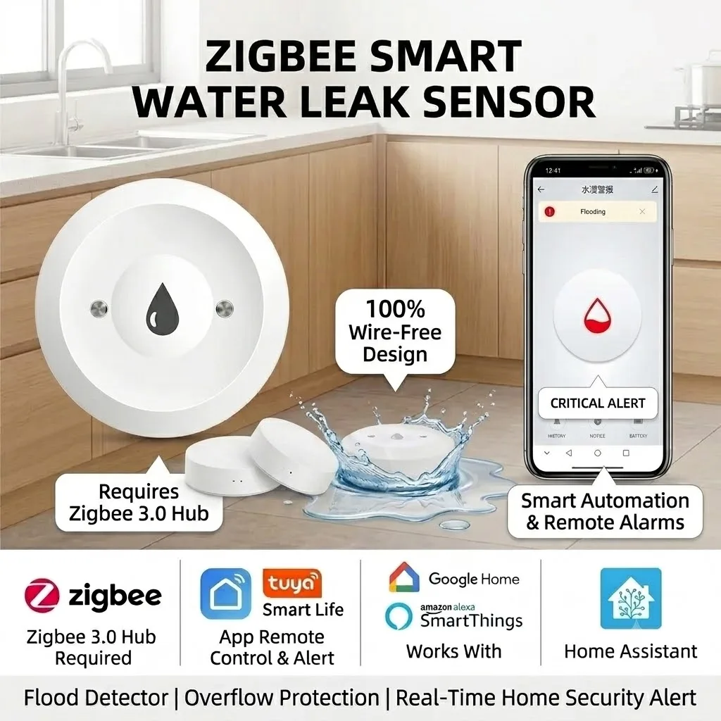 ZigBee Wasserleck-Detektor, Verknüpfter Hochwassersensor, Überlauf-Alarm, Wasserdichter Smart-Home-Sicherheitssensor – Detail 4