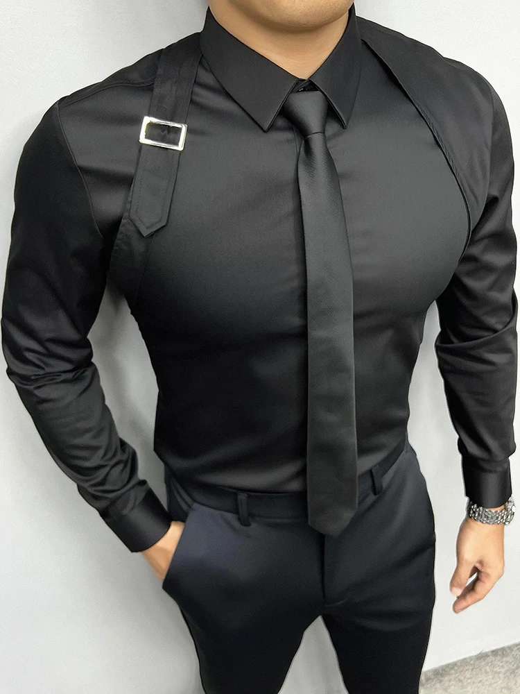 2024 Fashion Shoulder Strap Splicing Metal Button Design Shirts Men Social Tuxedo Dress Shirt Men Slim Fit Long Sleeve Shirt