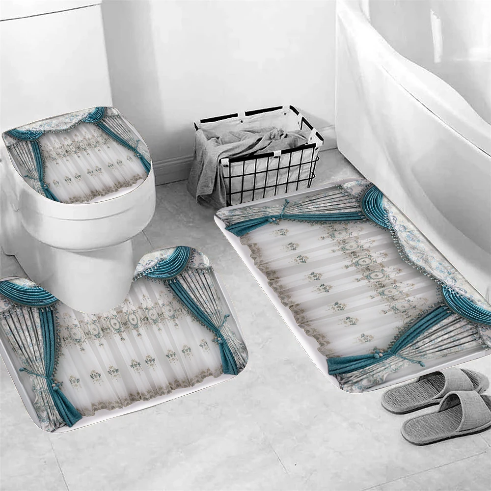 1 set of blue grey imitation curtain printed shower curtains, summer style, with 12 hooks and bathroom floor mats