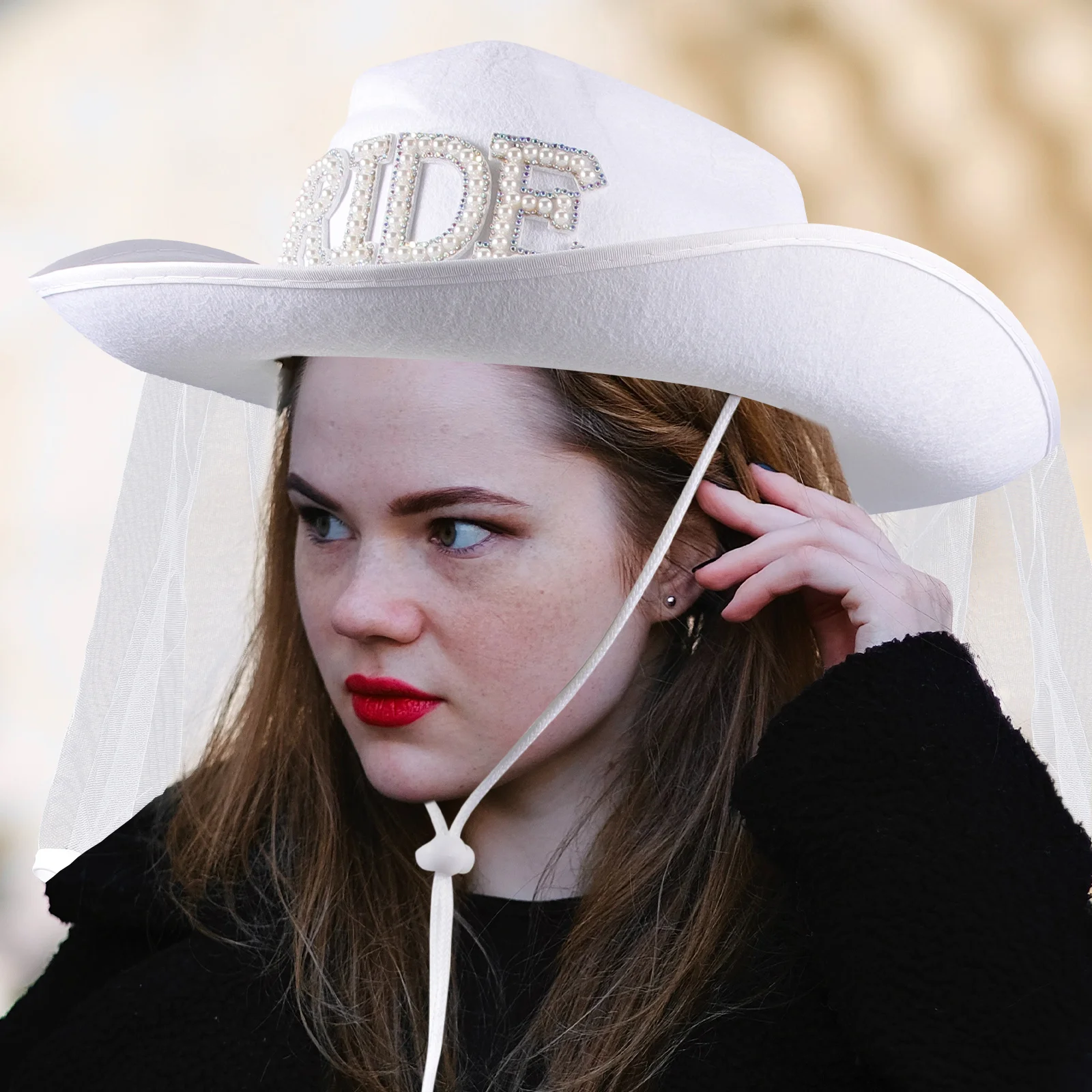 

White Cowboy Hat Cowgirl Hats for Women Western Women's & Caps Bridal Wedding Veil Headdress Pearl with Bride
