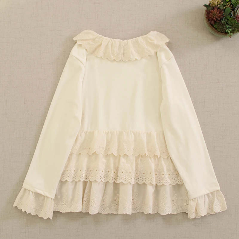 Sweet Mori Girl Ruffled Collar Embroidery Patchwork Cotton Shirts Women Japanese Multi Layer Hem Long Sleeve Casual Loose Tops