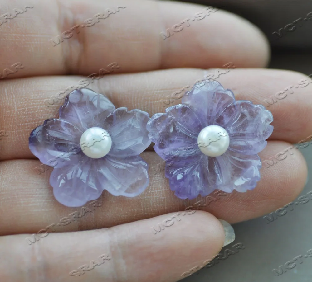 

Z12036 Real Natural 25mm Purple Amethyst Flower White Pearl Stud Earring