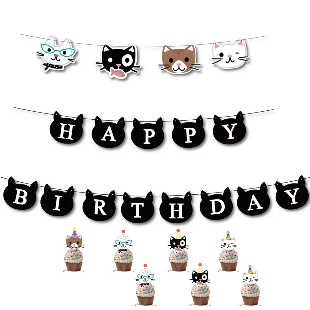 Pet Theme Party Decoration Cartoon Cat Hanging Flag Animal Color Banner Latte Art Birthday Arrangement Photo Props