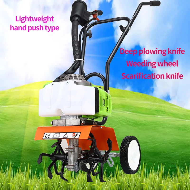 Lightweight Four Stroke 144F Engine Micro Tiller Multifunctional Small Gasoline Powered Scarifier Lawn Mower Garden Plowing