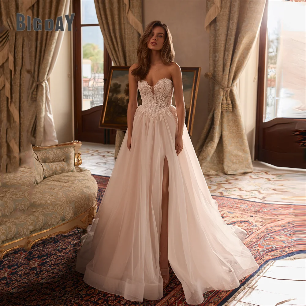 

BIGDAY Lace Pleat Tulle A-Line Wedding Dresses Applique Strapless Split Open Back Train Bridal Gown Vestido De Noiva Customized