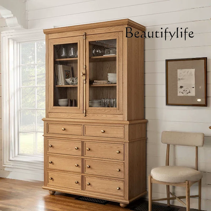 French retro solid wood dining side cabinet small apartment living room wall integrated storage American medieval style