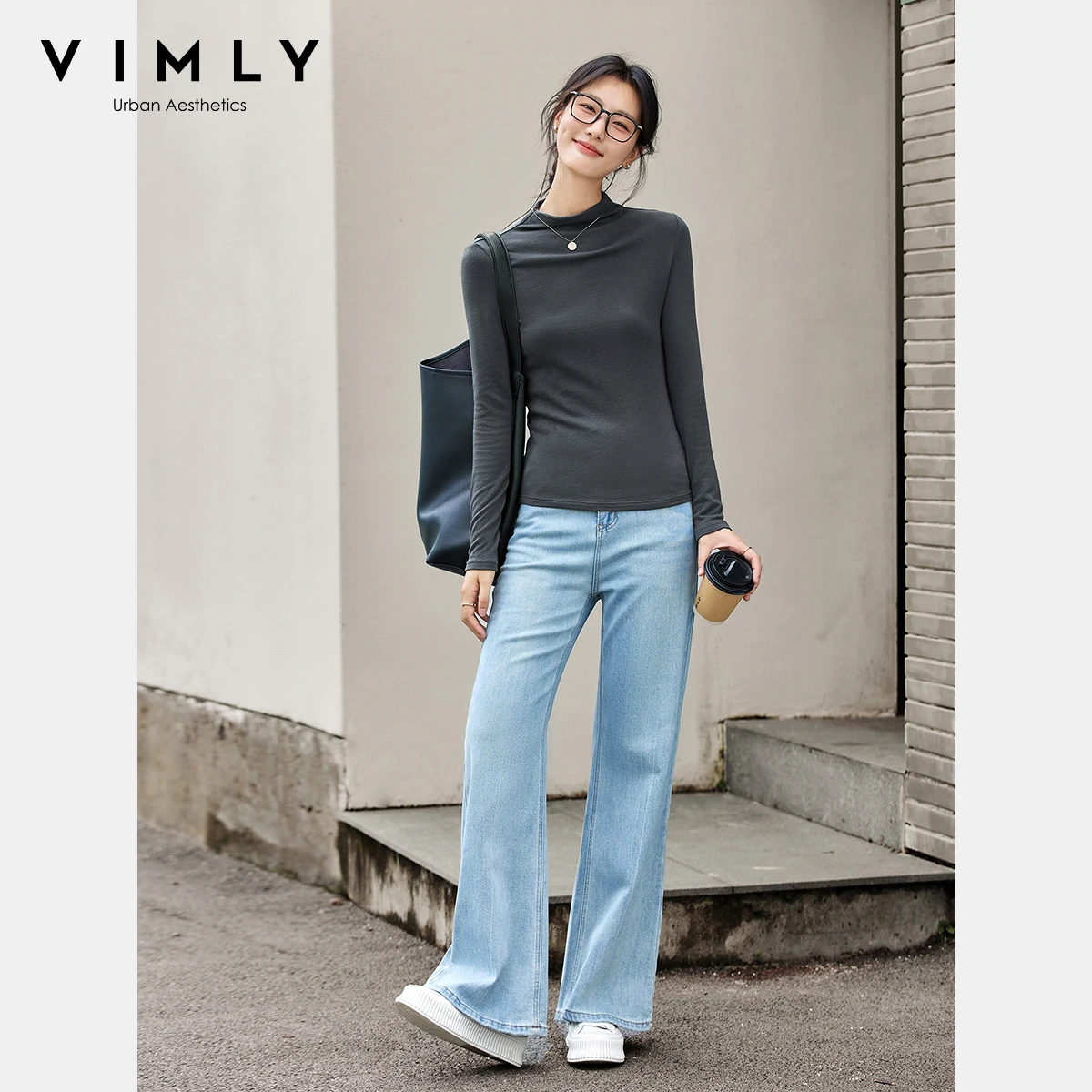 VIMLY 여성 긴 소매 티셔츠 캐주얼 자수 커프스 만다린 칼라 여성용 탑 가을 2025 니트 슬림 여성 티셔츠 A2503