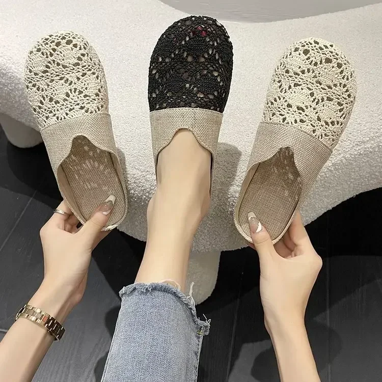 Fashion Womens Outer Half Slippers Hollow Women Shoes Mesh Lazy Flats Summer Mules Comfortable Female Slippers Versatile Zapatos