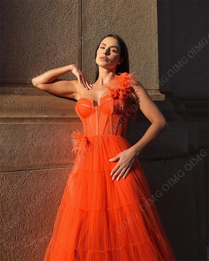 OIMG 2023 Elegant Party Dress Prom Dresses Orange Feather Lace Tulle One Shoulder Customized Wedding Party Graduation Dress Gown