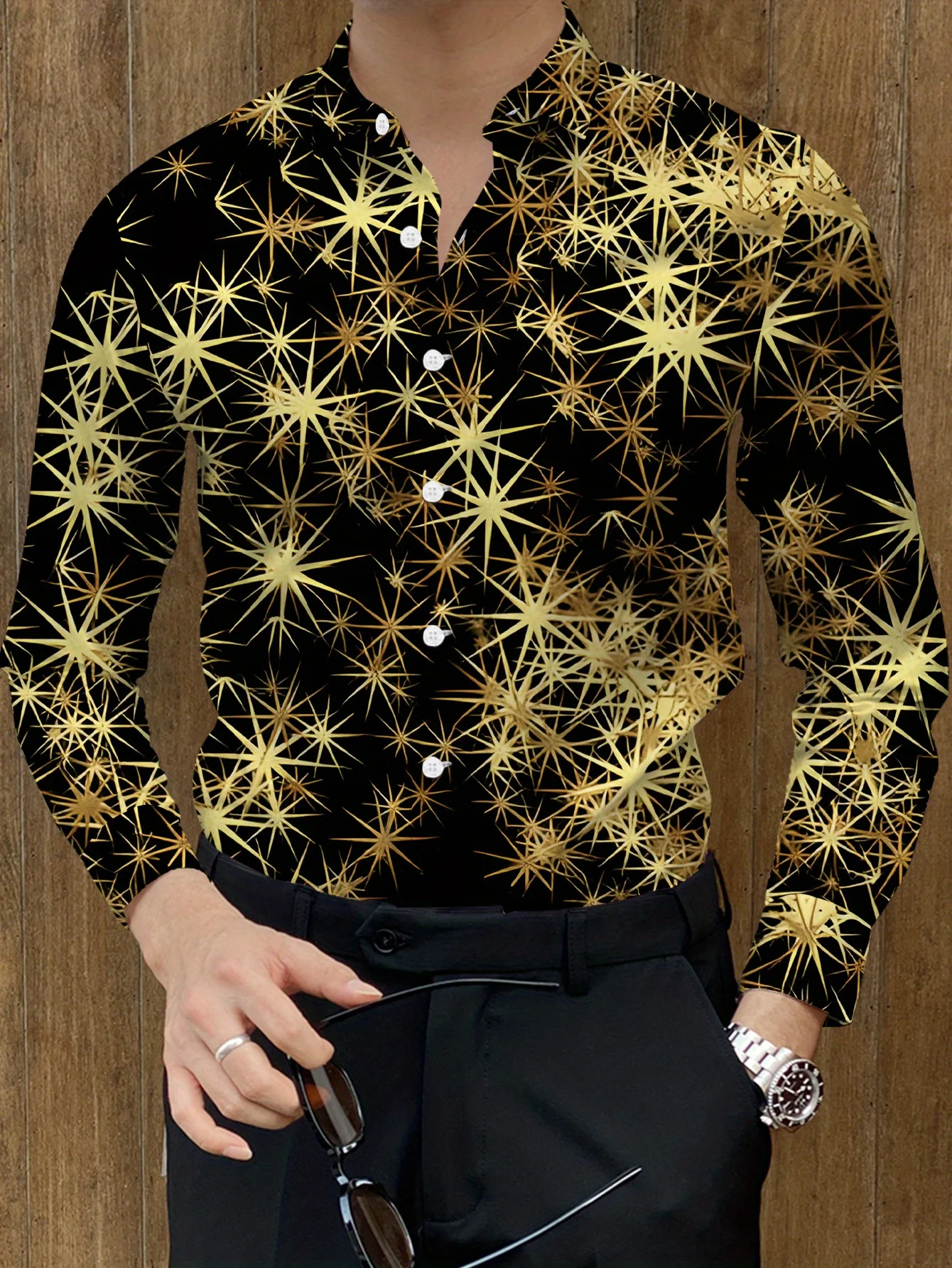 Men Long Sleeve Button Down Shirt Black Golden Starburst Firework Print Polyester Mandarin Collar Party Dress